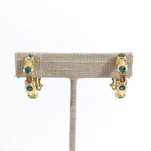 Teal crystal Gold Toned hoops Clip On Earrings - Signed Swarovski Swan Stamp